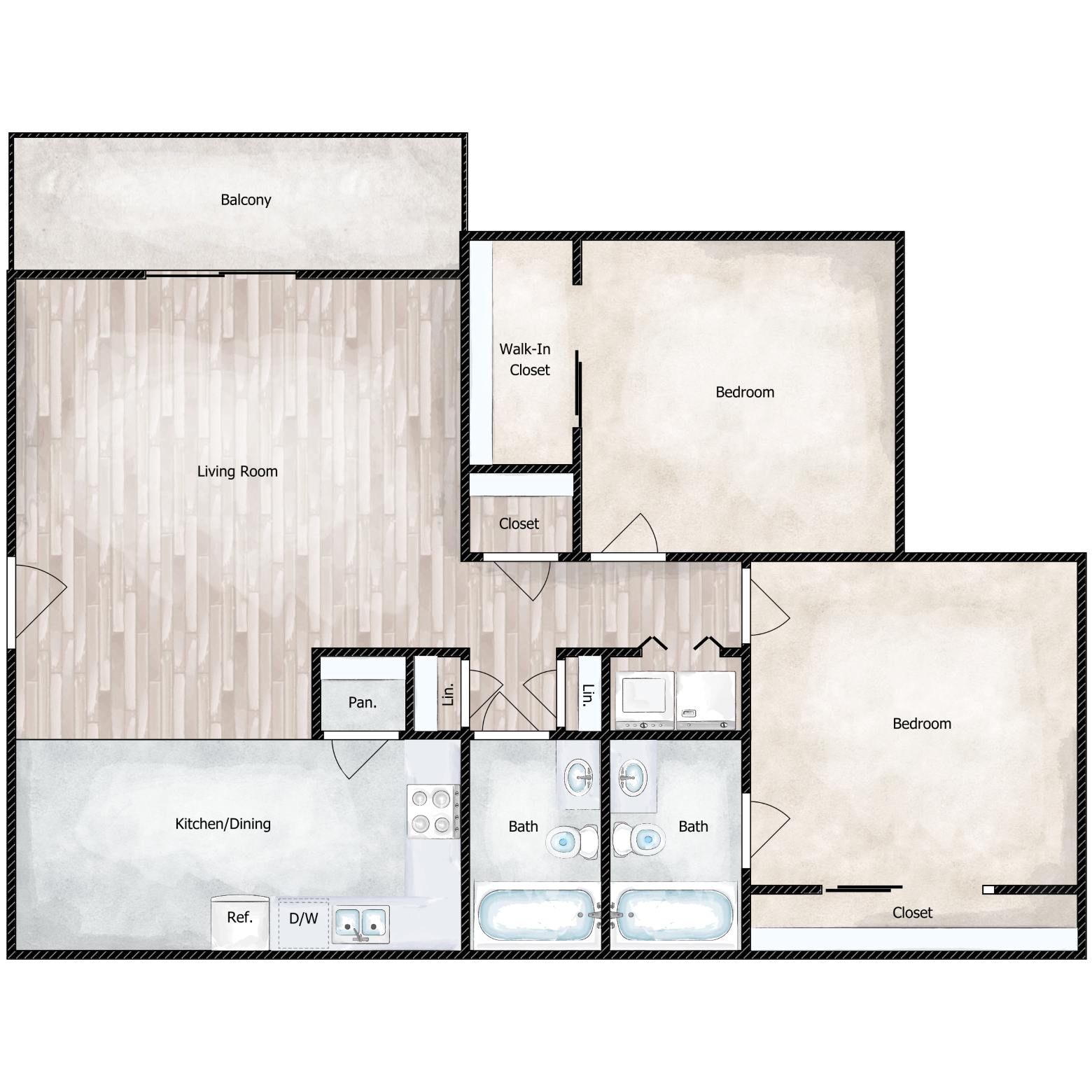 Floor plan for 2 beds, 2 baths, 946 sqft